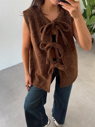 Kahve Önden Bağlamalı Yelek