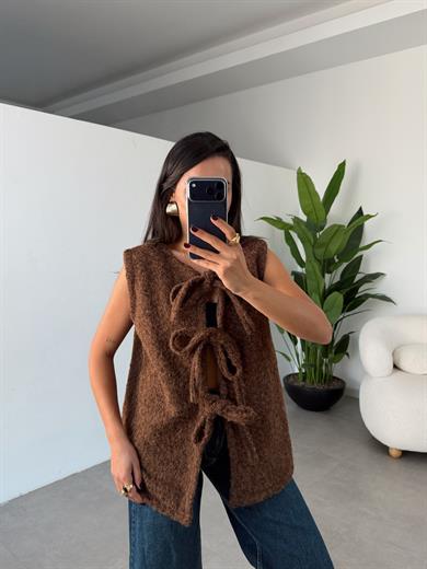 Kahve Önden Bağlamalı Yelek