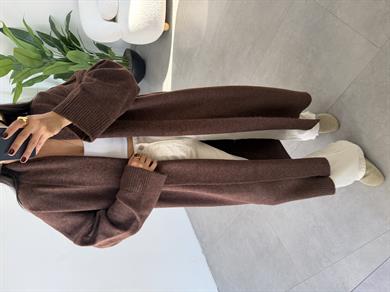 Kahve Önü Açık Şal Yaka Hırka