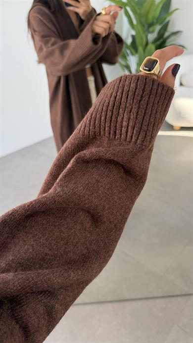 Kahve Önü Açık Şal Yaka Hırka