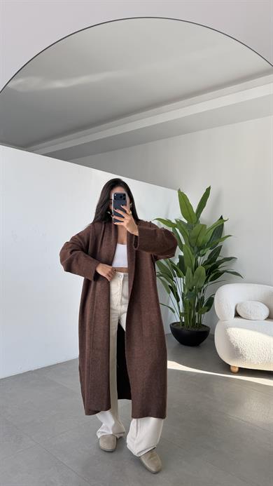 Kahve Önü Açık Şal Yaka Hırka