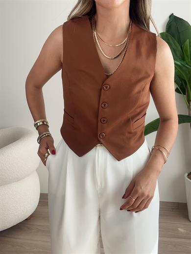 Kahve Önü Düğmeli Kısa Yelek