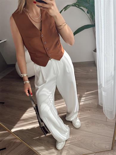 Kahve Önü Düğmeli Kısa Yelek