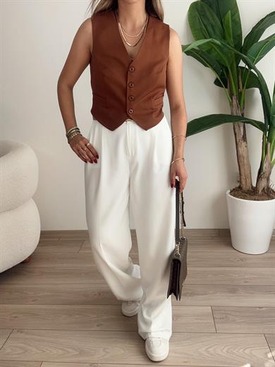 Kahve Önü Düğmeli Kısa Yelek