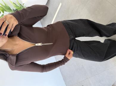 Kahve Önü Fermuarlı Yakalı Bluz