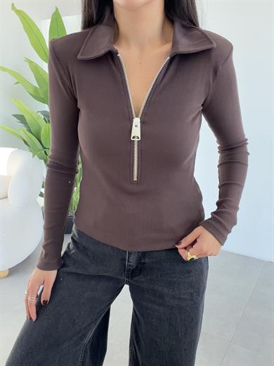 Kahve Önü Fermuarlı Yakalı Bluz