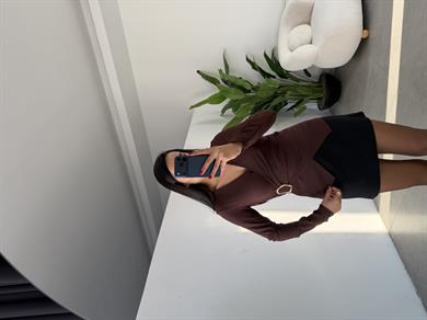 Kahve Ottoman Kruvaze Tokalı Bluz