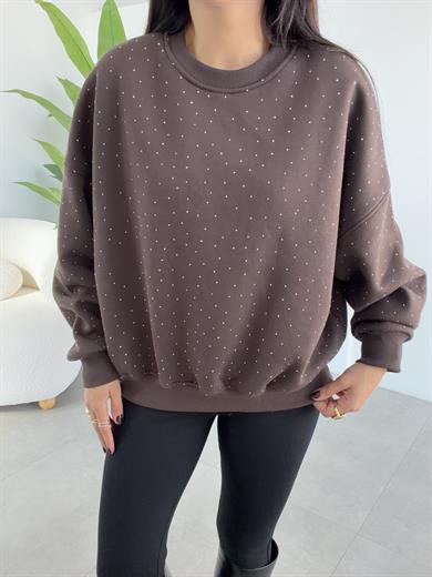 Kahve Oversize Taşlı Sweatshirt