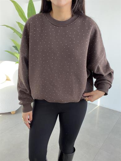 Kahve Oversize Taşlı Sweatshirt