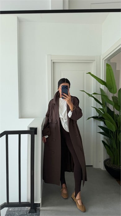 Kahve Oversize Uzun Trençkot
