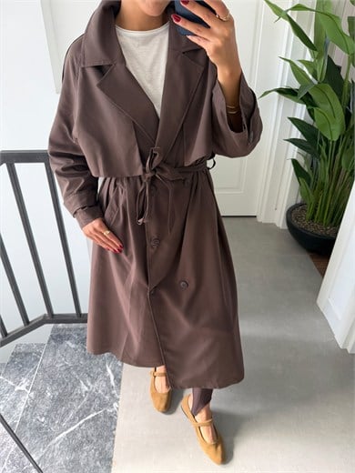 Kahve Oversize Uzun Trençkot