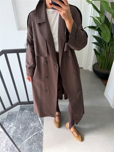Kahve Oversize Uzun Trençkot
