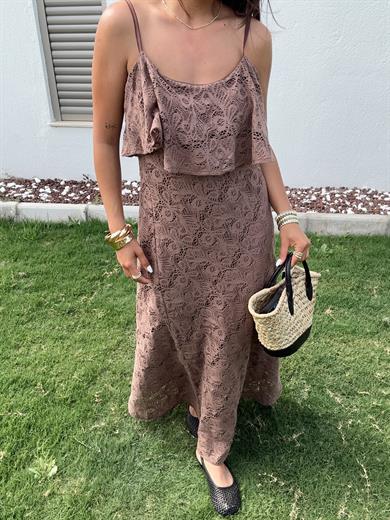 Kahve Pamuk Dantel Askılı Elbise