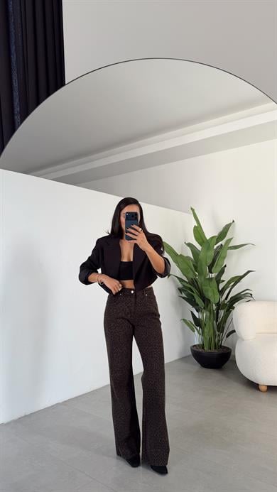 Kahve Parça Boya Leopar Desen Pantolon