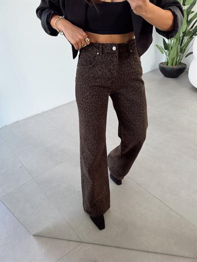 Kahve Parça Boya Leopar Desen Pantolon
