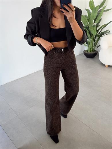 Kahve Parça Boya Leopar Desen Pantolon