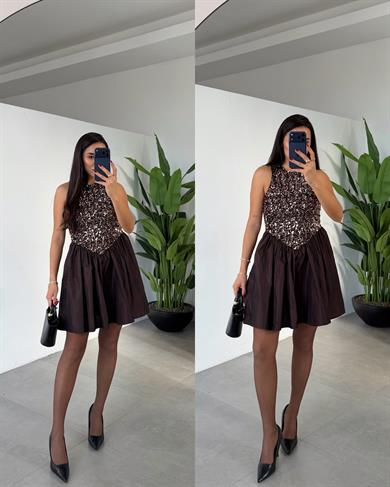 Kahve Payetli Mini Elbise
