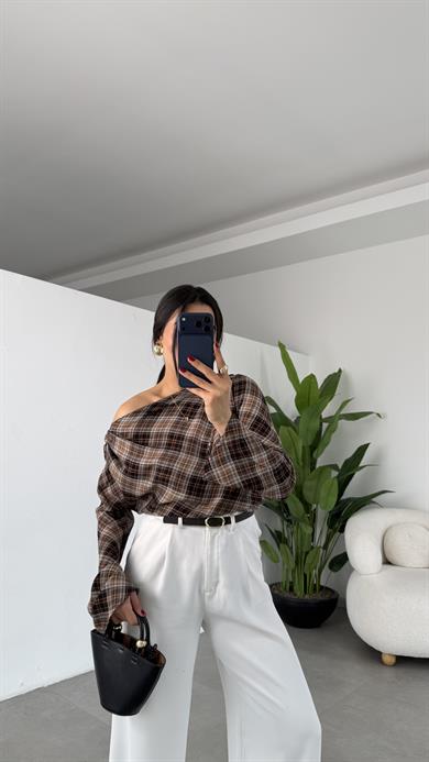 Kahve Pilili Kareli Bluz