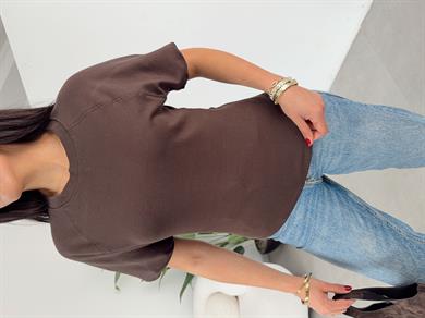 Kahve Reglan Kol Yandan Fermuarlı T-Shirt