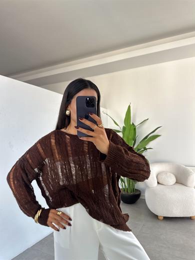 Kahve Saç Örgülü Ajurlu Kazak