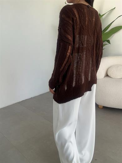 Kahve Saç Örgülü Ajurlu Kazak