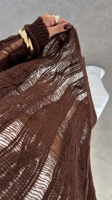 Kahve Saç Örgülü Ajurlu Kazak