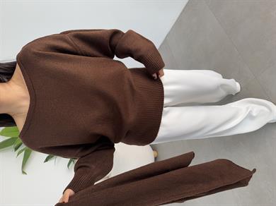 Kahve Şal Detaylı Triko Kazak