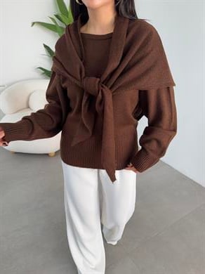 Kahve Şal Detaylı Triko Kazak