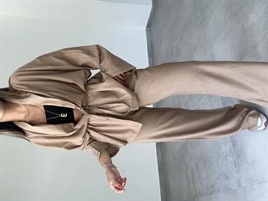 Kahve Şal Yaka Kimono Pantolon Takım