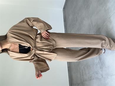 Kahve Şal Yaka Kimono Pantolon Takım