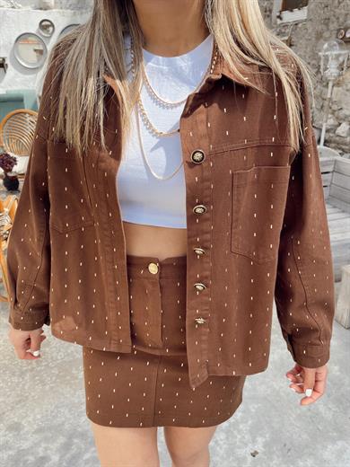 Kahve Sim Detaylı Gabardin Ceket Etek Takım