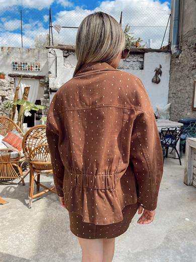 Kahve Sim Detaylı Gabardin Ceket Etek Takım