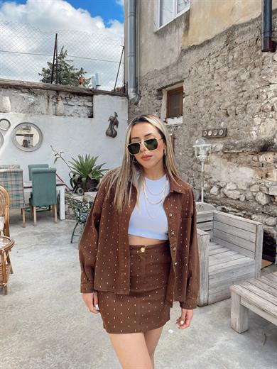 Kahve Sim Detaylı Gabardin Ceket Etek Takım