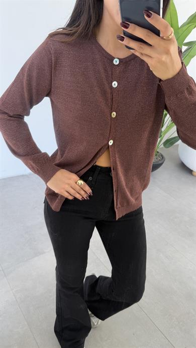 Kahve Simli Triko Hırka