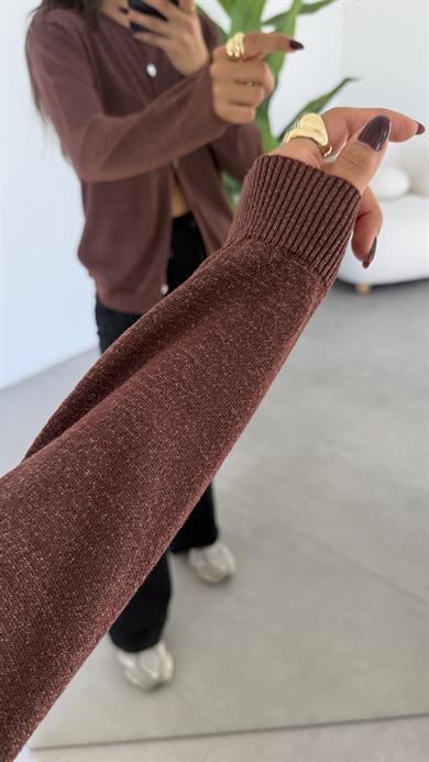 Kahve Simli Triko Hırka