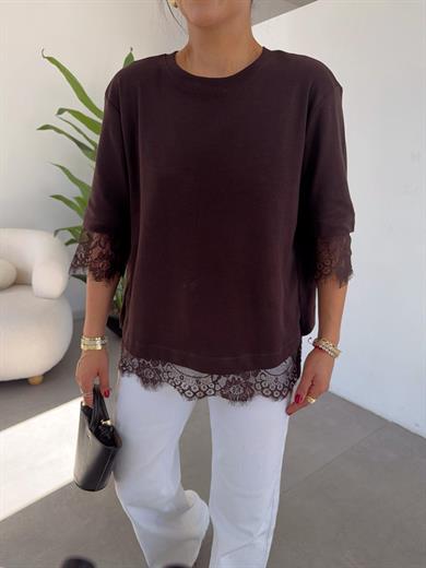 Kahve Sırt Dantelli T-Shirt