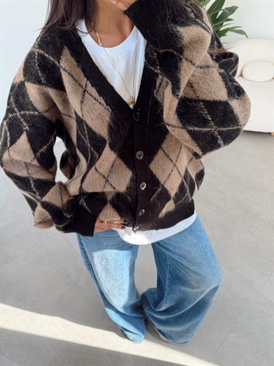 Kahve-Siyah Baklava Desenli Triko Hırka