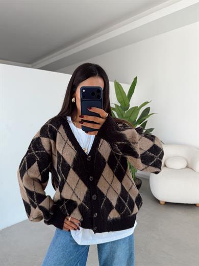 Kahve-Siyah Baklava Desenli Triko Hırka