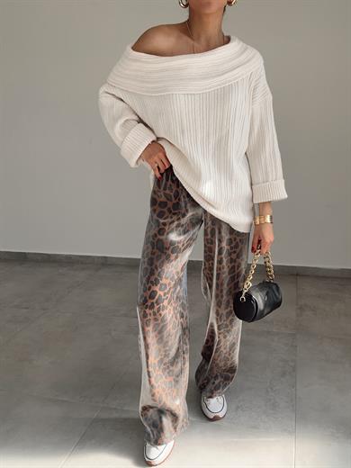 Kahve-Siyah Leopar Desen Pantolon