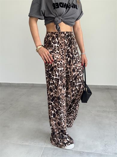 Kahve-Siyah Leopar Desen Viskon Bol Paça Pantolon
