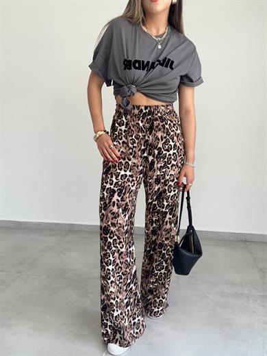Kahve-Siyah Leopar Desen Viskon Bol Paça Pantolon