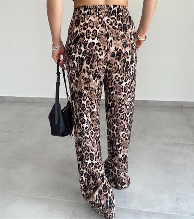 Kahve-Siyah Leopar Desen Viskon Bol Paça Pantolon