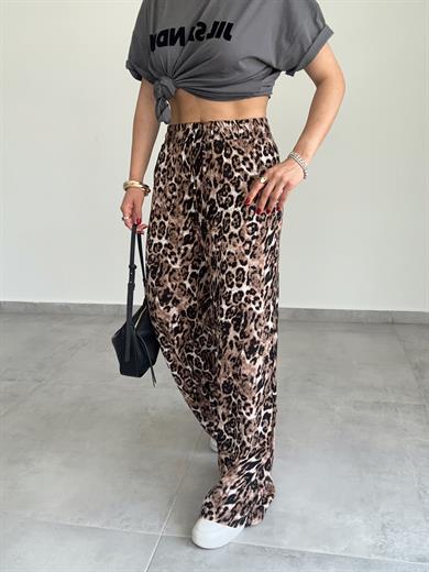 Kahve-Siyah Leopar Desen Viskon Bol Paça Pantolon
