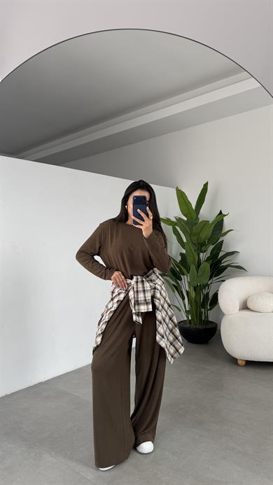 Kahve Sonsuz Kumaş Geniş Kemerli Pileli Eşofman Altı