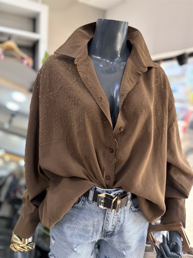 Kahve Taşlı Oversize Gömlek