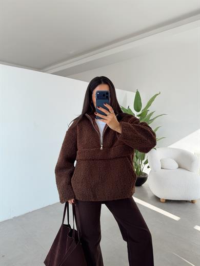 Kahve Teddy Fermuarlı Sweatshirt
