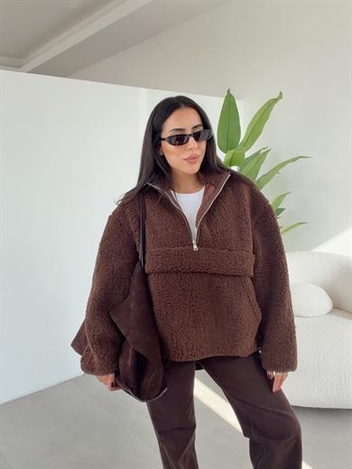 Kahve Teddy Fermuarlı Sweatshirt