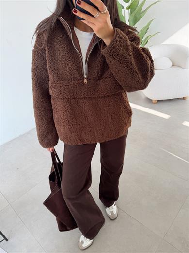 Kahve Teddy Fermuarlı Sweatshirt