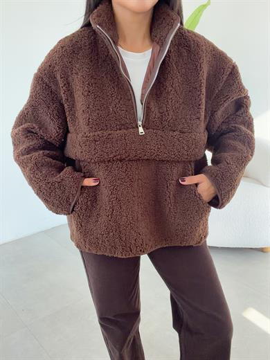 Kahve Teddy Fermuarlı Sweatshirt