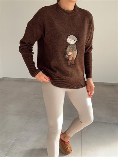 Kahve Tedy Nakışlı Triko Kazak